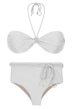 Laden Sie das Bild in den Galerie-Viewer, Product Front: Rio De Sol Ensemble Set Shimmer-White Twist Belted-High-Waist