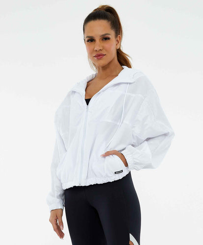 Model Front: Alto Giro Fitness Haut Jaqueta Tecnospan Recortes Branco