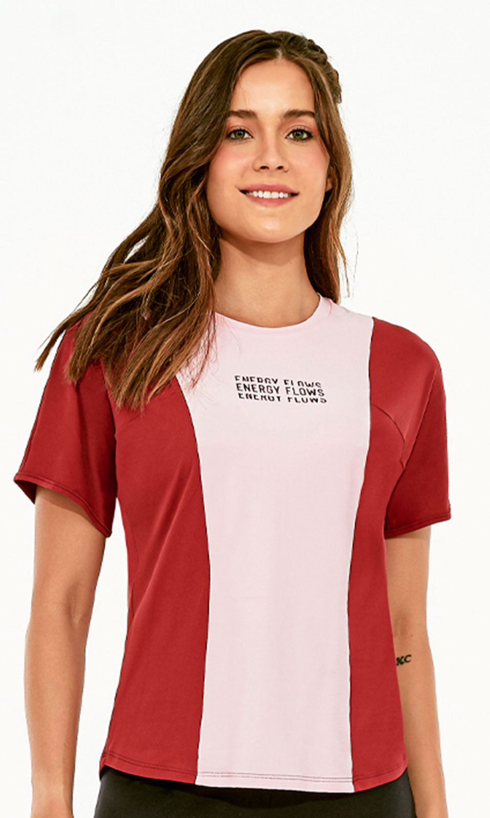 Model Front: Alto Giro Fitness Haut T-Shirt Skin Fit Energy Flows Rosa