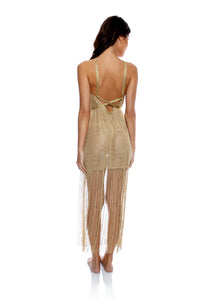 Cross Halter Long Fringe Dress Gold Rush