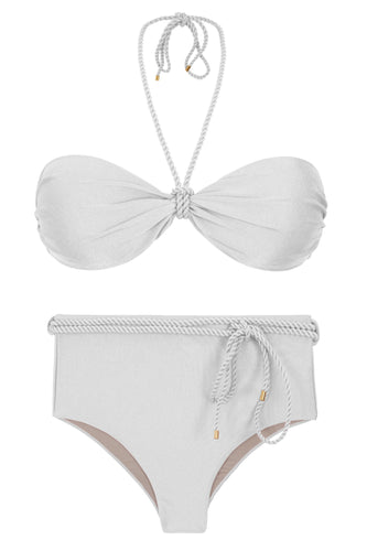 Product Front: Rio De Sol Ensemble Set Shimmer-White Twist Belted-High-Waist